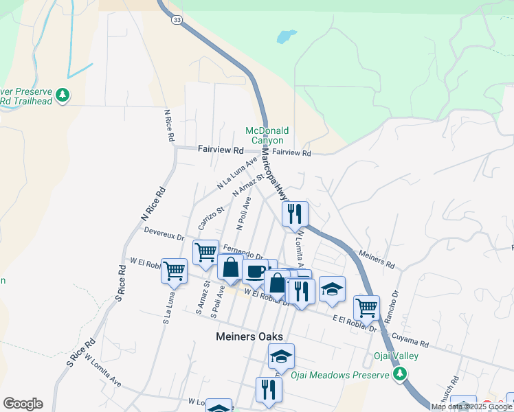 map of restaurants, bars, coffee shops, grocery stores, and more near 345 North Alvarado Street in Ojai