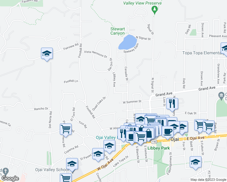 map of restaurants, bars, coffee shops, grocery stores, and more near 709 Libbey Avenue in Ojai