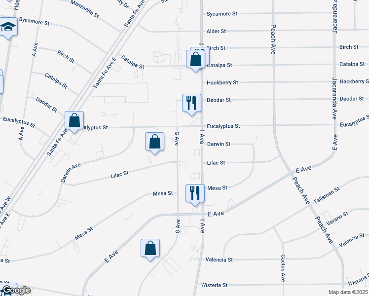 map of restaurants, bars, coffee shops, grocery stores, and more near 11129 G Avenue in Hesperia