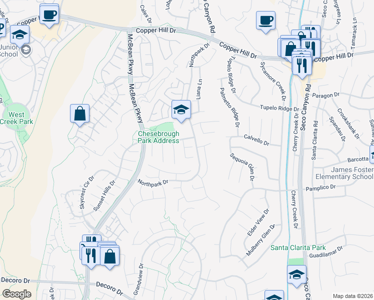 map of restaurants, bars, coffee shops, grocery stores, and more near 23318 Sunnyvale Court in Santa Clarita