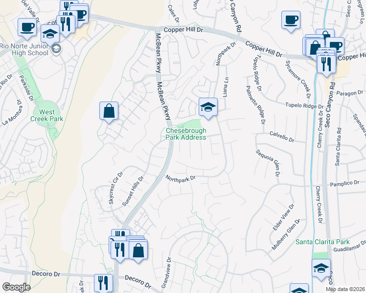 map of restaurants, bars, coffee shops, grocery stores, and more near 27924 Balsam Court in Santa Clarita
