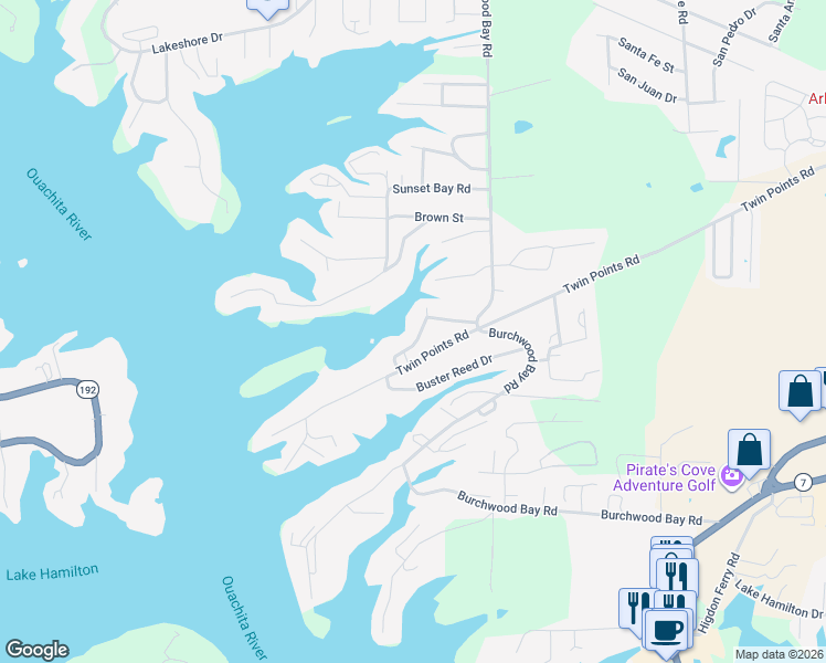map of restaurants, bars, coffee shops, grocery stores, and more near 1020 Twin Points Road in Hot Springs