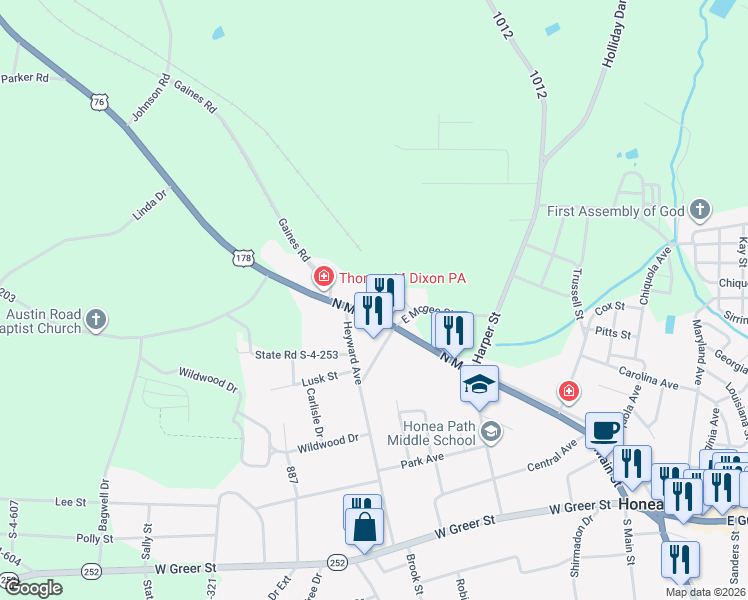 map of restaurants, bars, coffee shops, grocery stores, and more near 524 North Main Street in Honea Path