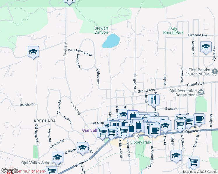 map of restaurants, bars, coffee shops, grocery stores, and more near 701 Canada Street in Ojai