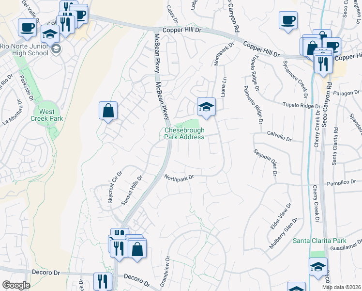 map of restaurants, bars, coffee shops, grocery stores, and more near 27924 Balsam Court in Santa Clarita