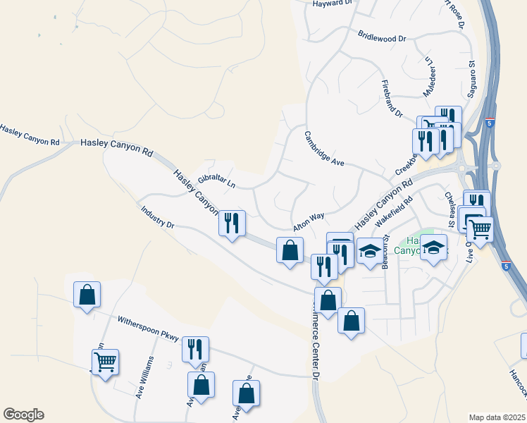 map of restaurants, bars, coffee shops, grocery stores, and more near 28303 Alton Way in Castaic