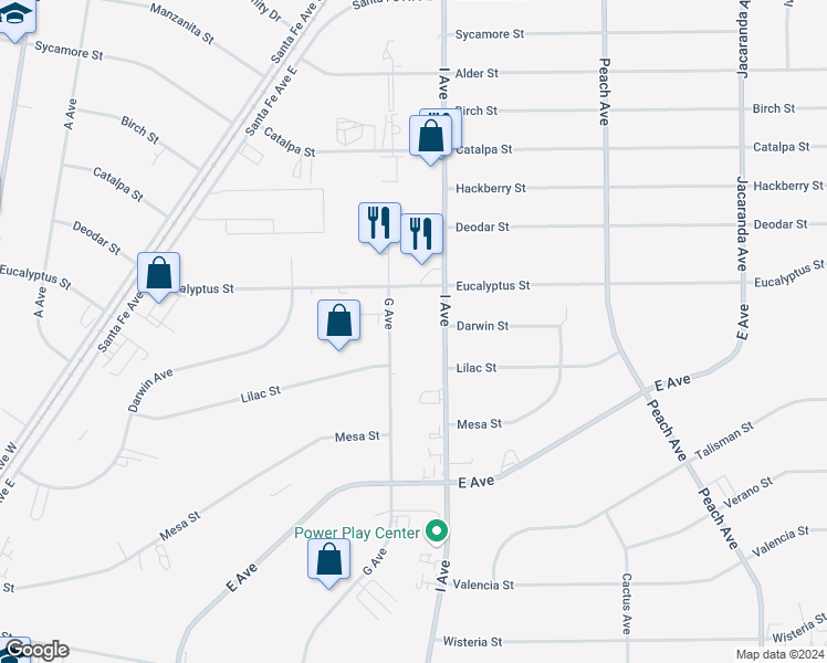 map of restaurants, bars, coffee shops, grocery stores, and more near 11129 G Avenue in Hesperia