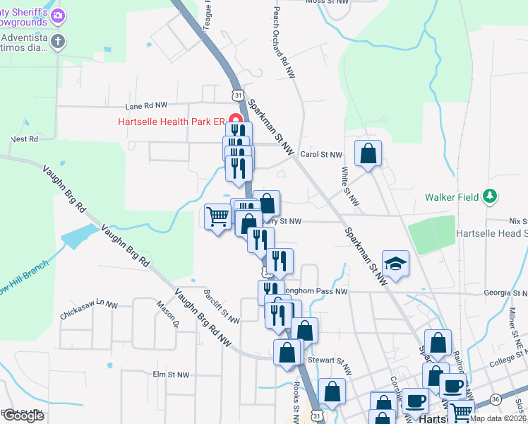 map of restaurants, bars, coffee shops, grocery stores, and more near 1202 U.S. 31 in Hartselle