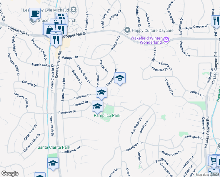 map of restaurants, bars, coffee shops, grocery stores, and more near 27723 Clark Court in Santa Clarita