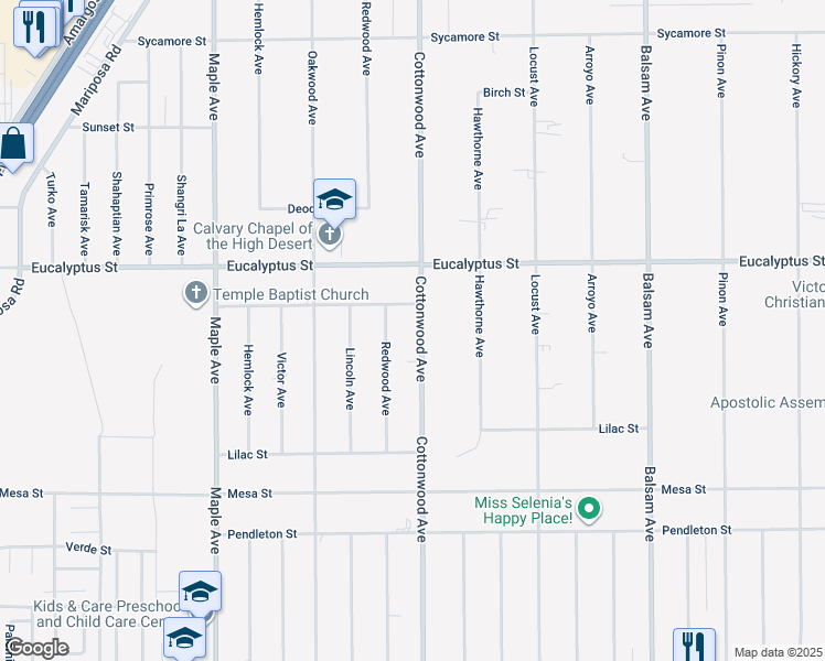 map of restaurants, bars, coffee shops, grocery stores, and more near 11170 Cottonwood Avenue in Hesperia