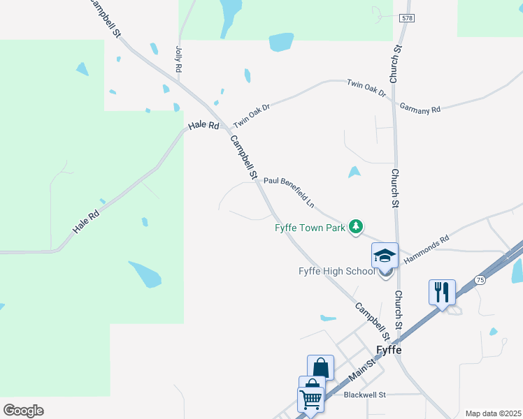 map of restaurants, bars, coffee shops, grocery stores, and more near 649 Campbell Street in Fyffe