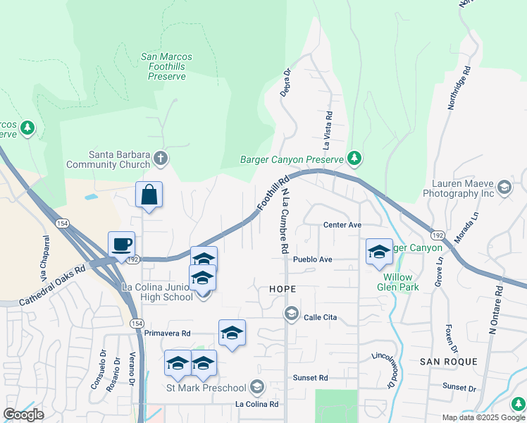 map of restaurants, bars, coffee shops, grocery stores, and more near 3933 Foothill Road in Santa Barbara