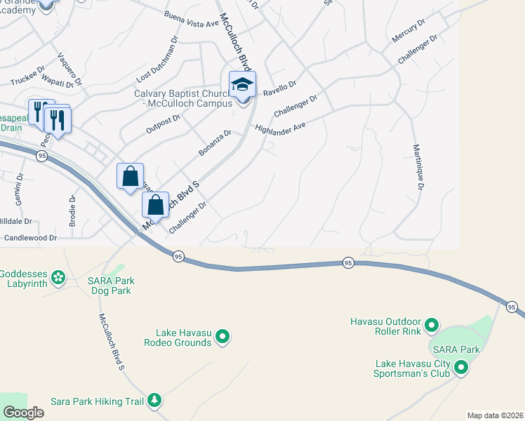 map of restaurants, bars, coffee shops, grocery stores, and more near 3750 Amberjack Bay East in Lake Havasu City