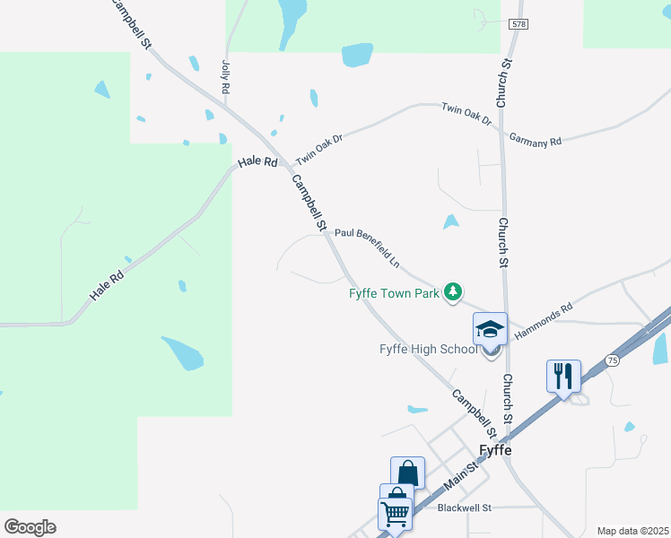 map of restaurants, bars, coffee shops, grocery stores, and more near 649 Campbell Street in Fyffe