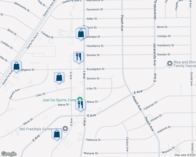 map of restaurants, bars, coffee shops, grocery stores, and more near Darwin Street in Hesperia