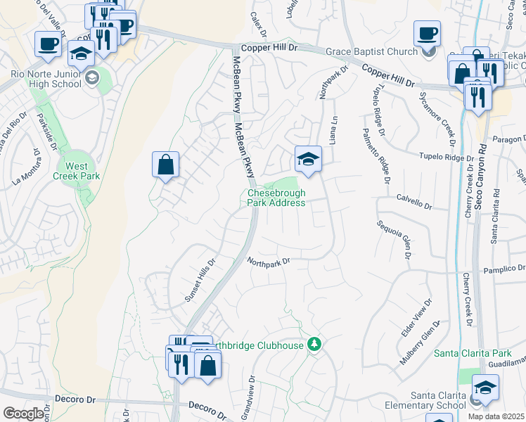 map of restaurants, bars, coffee shops, grocery stores, and more near 27931 Balsam Court in Santa Clarita