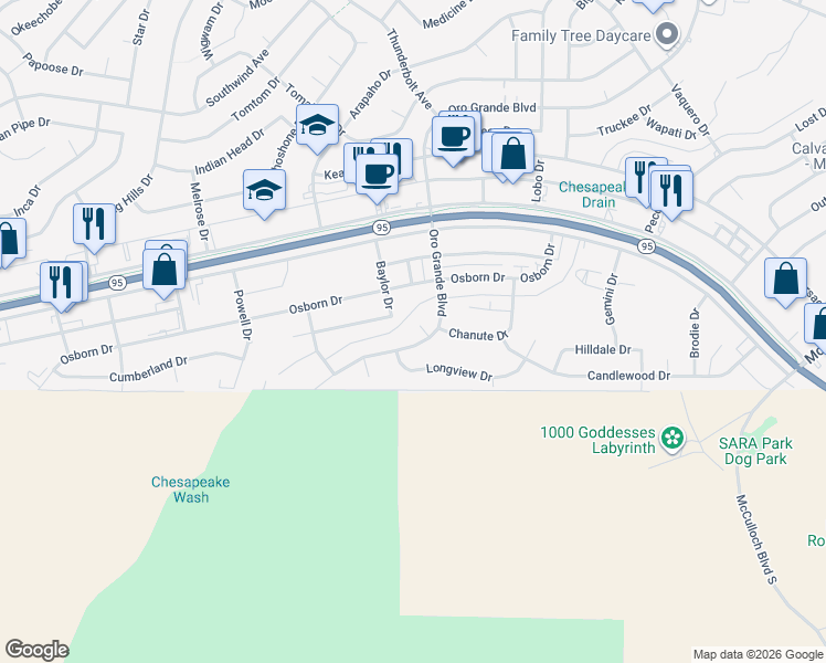 map of restaurants, bars, coffee shops, grocery stores, and more near 3130 Oro Grande Boulevard in Lake Havasu City