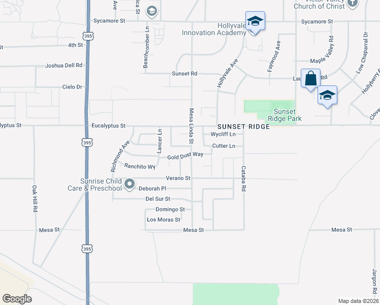 map of restaurants, bars, coffee shops, grocery stores, and more near Mesa Linda Street in Victorville