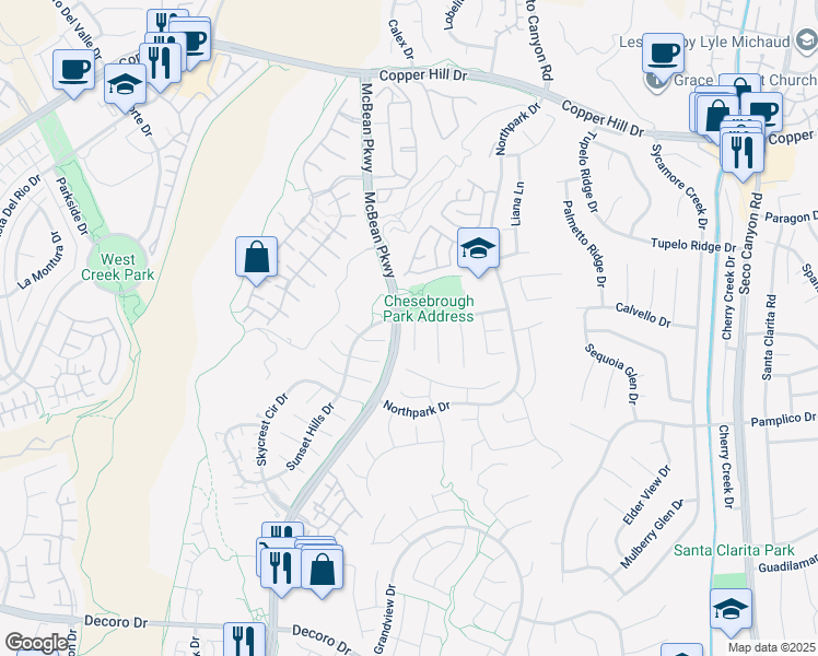map of restaurants, bars, coffee shops, grocery stores, and more near 27931 Balsam Court in Santa Clarita
