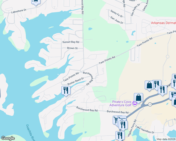 map of restaurants, bars, coffee shops, grocery stores, and more near 106 Buster Reed Drive in Hot Springs