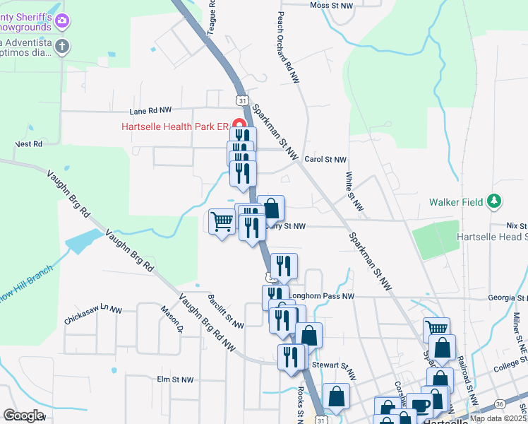 map of restaurants, bars, coffee shops, grocery stores, and more near 1208 2nd Avenue in Hartselle