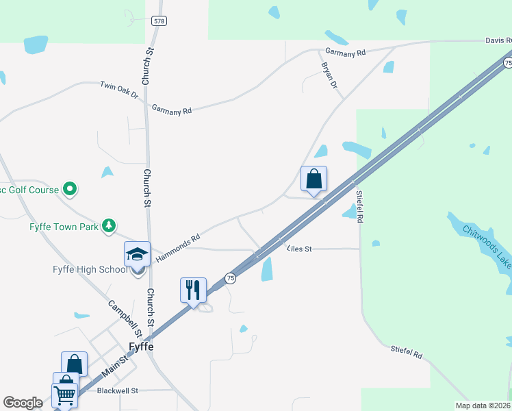 map of restaurants, bars, coffee shops, grocery stores, and more near 1236 Hammonds Road in Fyffe