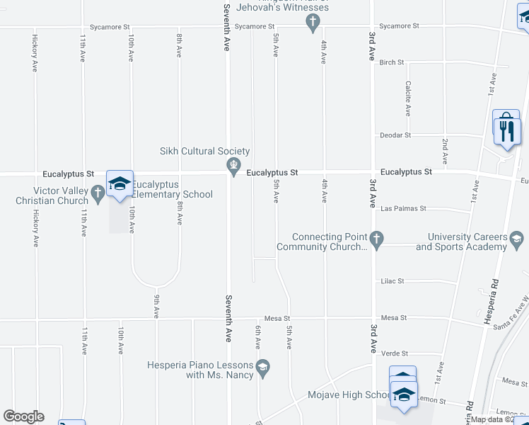 map of restaurants, bars, coffee shops, grocery stores, and more near 11190 5th Avenue in Hesperia