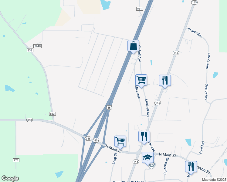 map of restaurants, bars, coffee shops, grocery stores, and more near U.S. 45 in Guntown