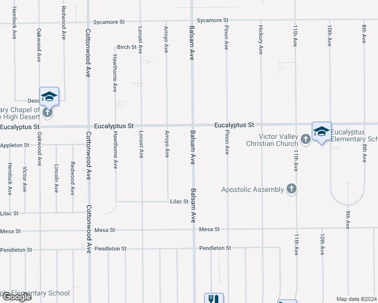 map of restaurants, bars, coffee shops, grocery stores, and more near 11198 Balsam Avenue in Hesperia