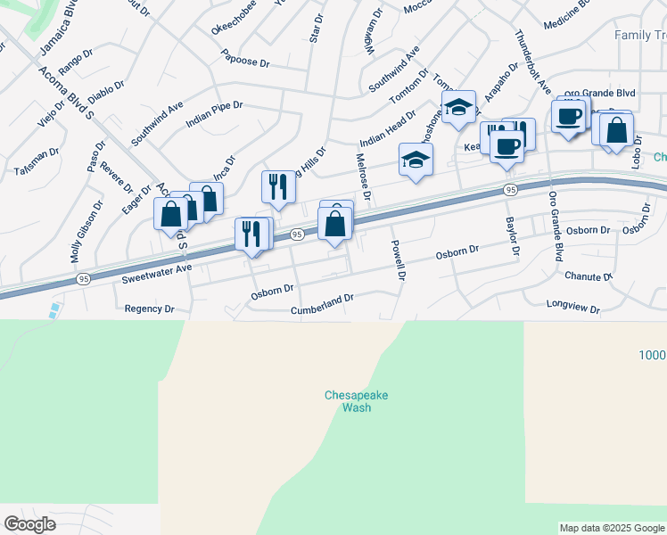 map of restaurants, bars, coffee shops, grocery stores, and more near 2862 Osborn Drive in Lake Havasu City