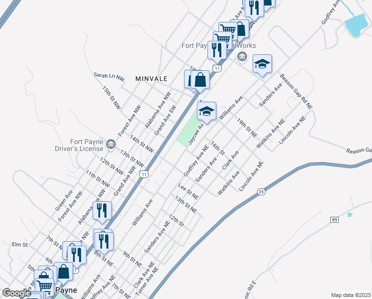 map of restaurants, bars, coffee shops, grocery stores, and more near Williams Avenue Northeast in Fort Payne