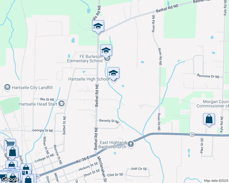 map of restaurants, bars, coffee shops, grocery stores, and more near 1100 Bethel Road Northeast in Hartselle