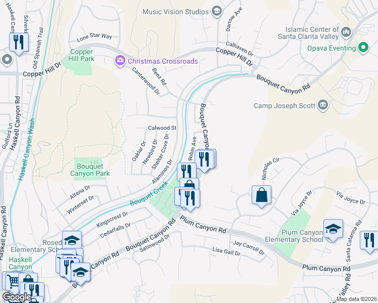 map of restaurants, bars, coffee shops, grocery stores, and more near 28227 Robin Avenue in Santa Clarita