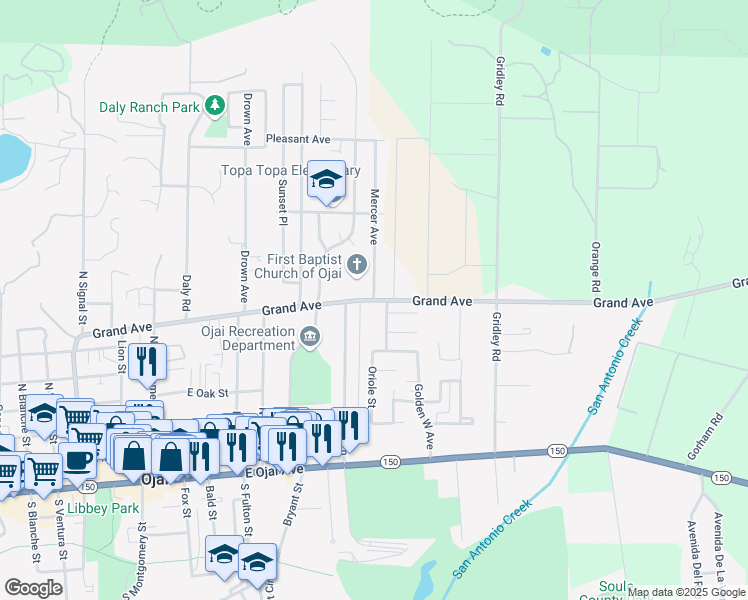 map of restaurants, bars, coffee shops, grocery stores, and more near Grand Avenue & Mercer Avenue in Ojai