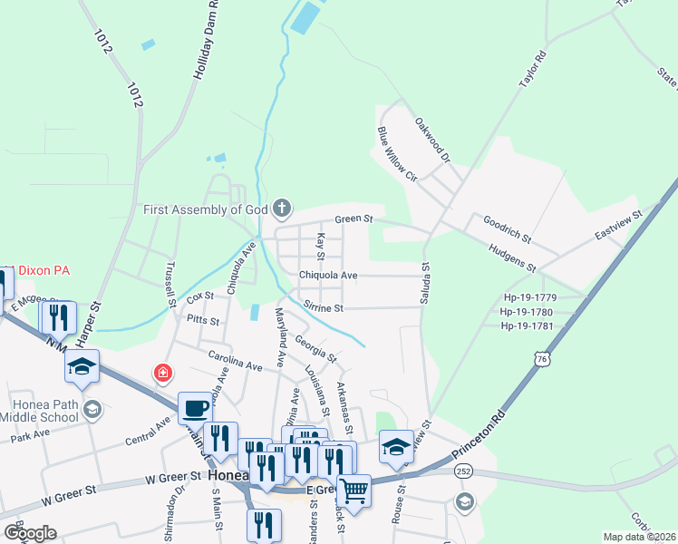 map of restaurants, bars, coffee shops, grocery stores, and more near 300 Kay Street in Honea Path