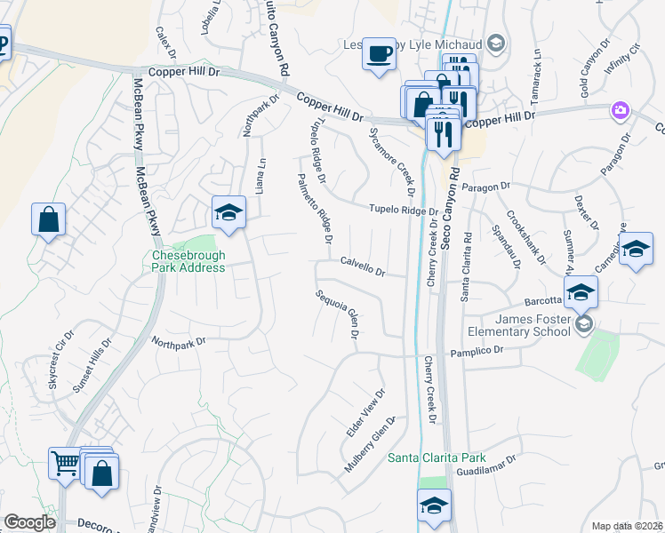 map of restaurants, bars, coffee shops, grocery stores, and more near 23122 Calvello Drive in Santa Clarita
