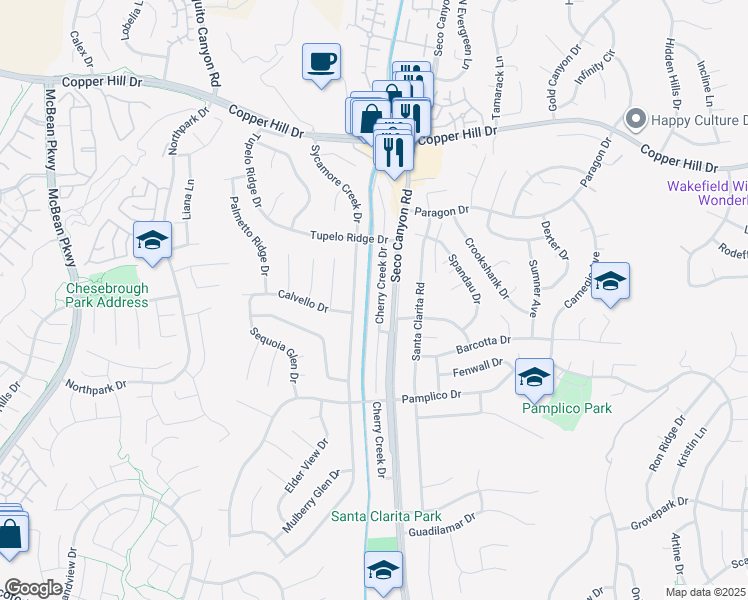 map of restaurants, bars, coffee shops, grocery stores, and more near 27637 Cherry Creek Drive in Santa Clarita