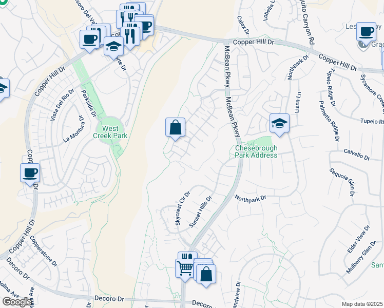 map of restaurants, bars, coffee shops, grocery stores, and more near 23724 Mahogany Court in Santa Clarita