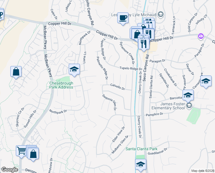 map of restaurants, bars, coffee shops, grocery stores, and more near 23122 Calvello Drive in Santa Clarita
