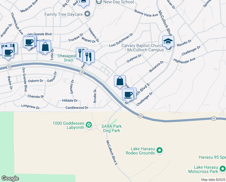 map of restaurants, bars, coffee shops, grocery stores, and more near 3557 Maricopa Ave in Lake Havasu City