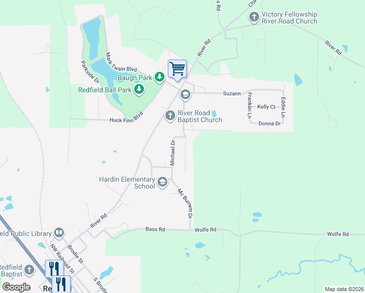 map of restaurants, bars, coffee shops, grocery stores, and more near 739 Cara Jane Drive in Redfield