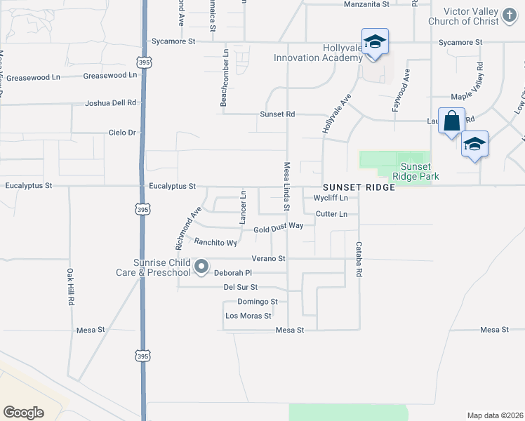 map of restaurants, bars, coffee shops, grocery stores, and more near 11252 Bridle Lane in Victorville