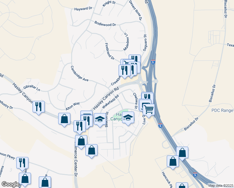 map of restaurants, bars, coffee shops, grocery stores, and more near 27763 Wakefield Road in Castaic