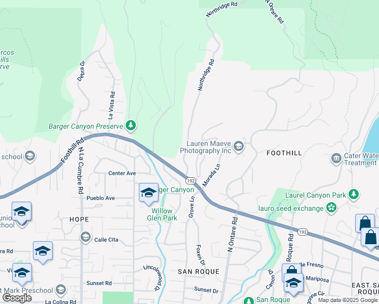map of restaurants, bars, coffee shops, grocery stores, and more near 108 Northridge Road in Santa Barbara