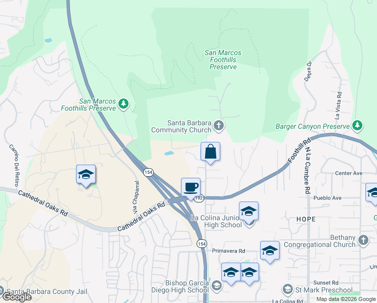 map of restaurants, bars, coffee shops, grocery stores, and more near 4154 Via Andorra in Santa Barbara