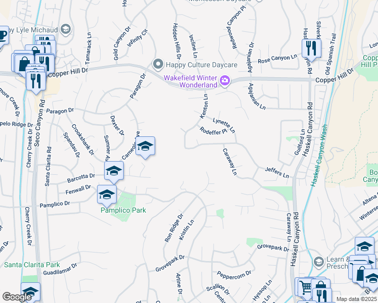 map of restaurants, bars, coffee shops, grocery stores, and more near 22024 Jeffers Lane in Santa Clarita
