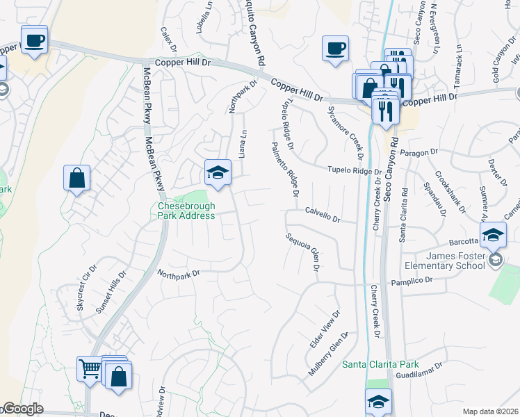 map of restaurants, bars, coffee shops, grocery stores, and more near 23212 Savory Place in Santa Clarita
