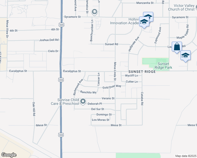 map of restaurants, bars, coffee shops, grocery stores, and more near 11259 Lancer Lane in Victorville