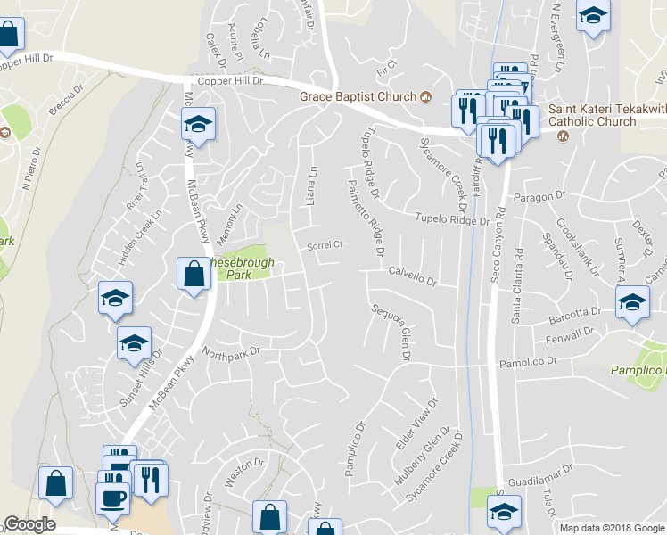 map of restaurants, bars, coffee shops, grocery stores, and more near 23212 Savory Place in Santa Clarita