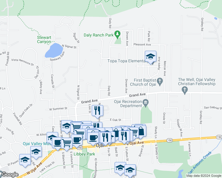 map of restaurants, bars, coffee shops, grocery stores, and more near 802 Daly Road in Ojai